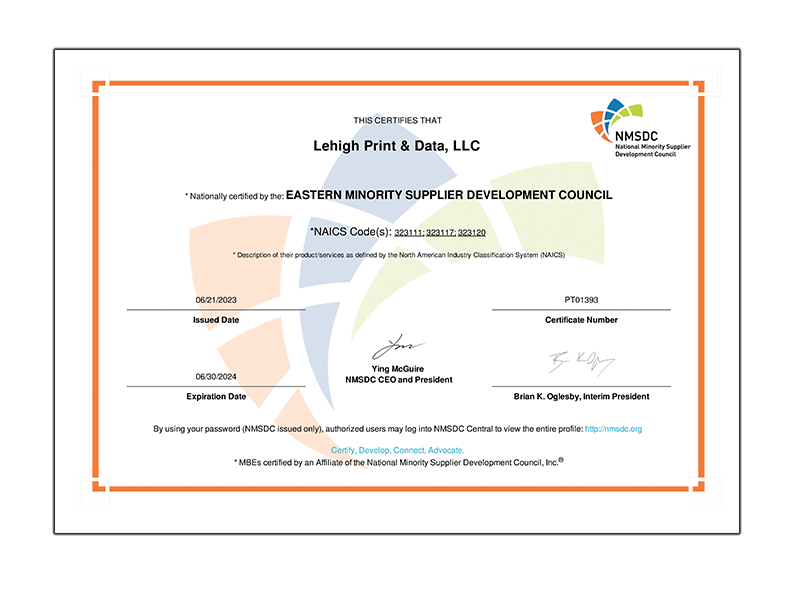 Lehigh Orint & Data Minority Owned Business Certificate
